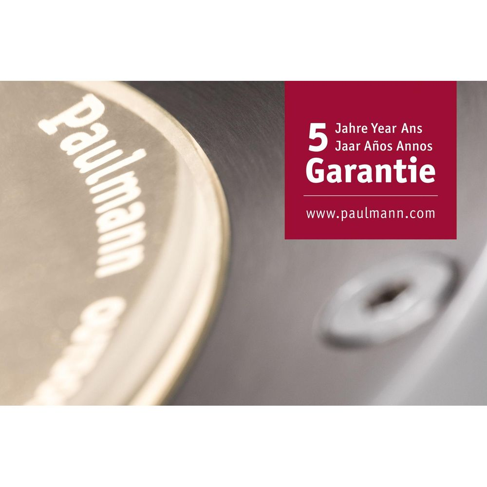 Logo Paulmann i 5 lat gwarancji na metalicznym tle.