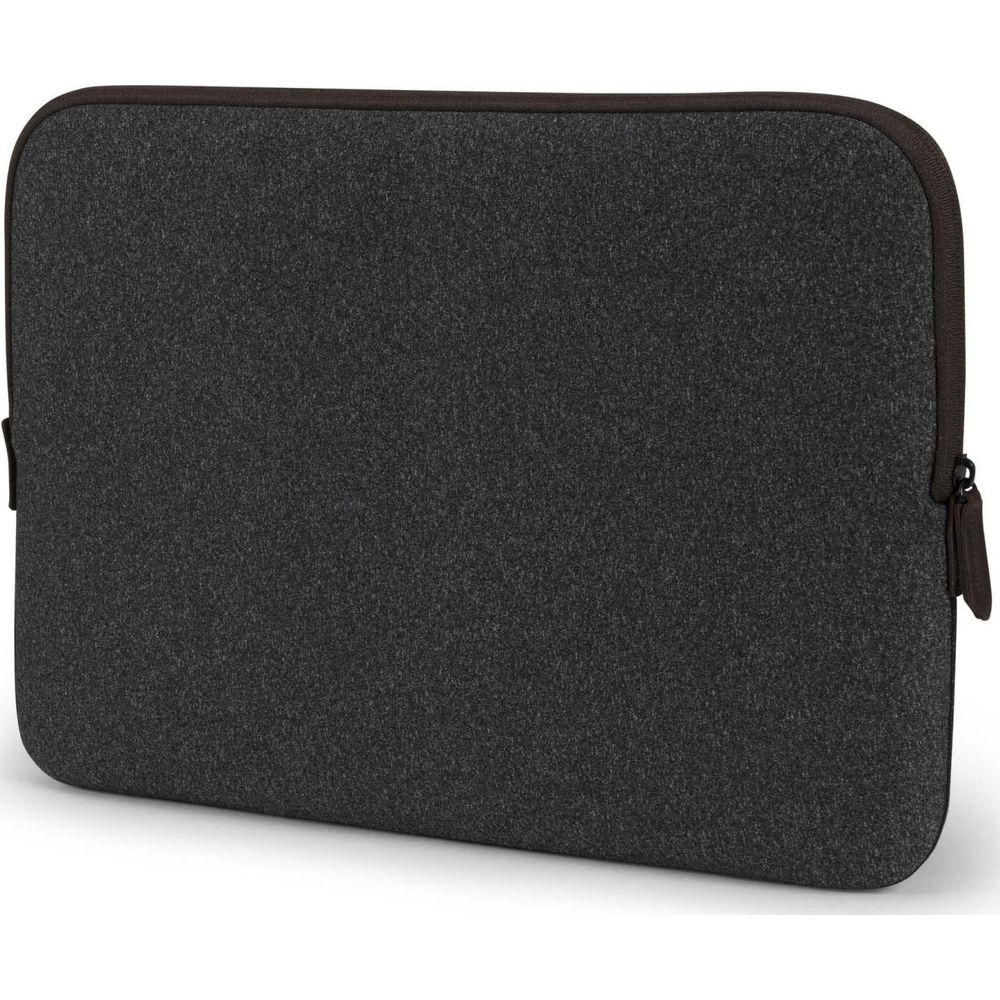 Dunkelgraue Laptop-Tasche mit Reißverschluss und braunem Rand.
