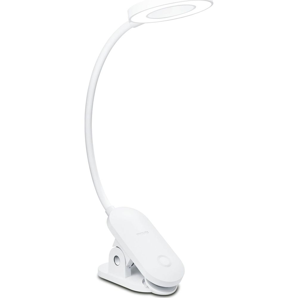 Una lámpara blanca de pinza con brazo flexible y cabezal redondo.