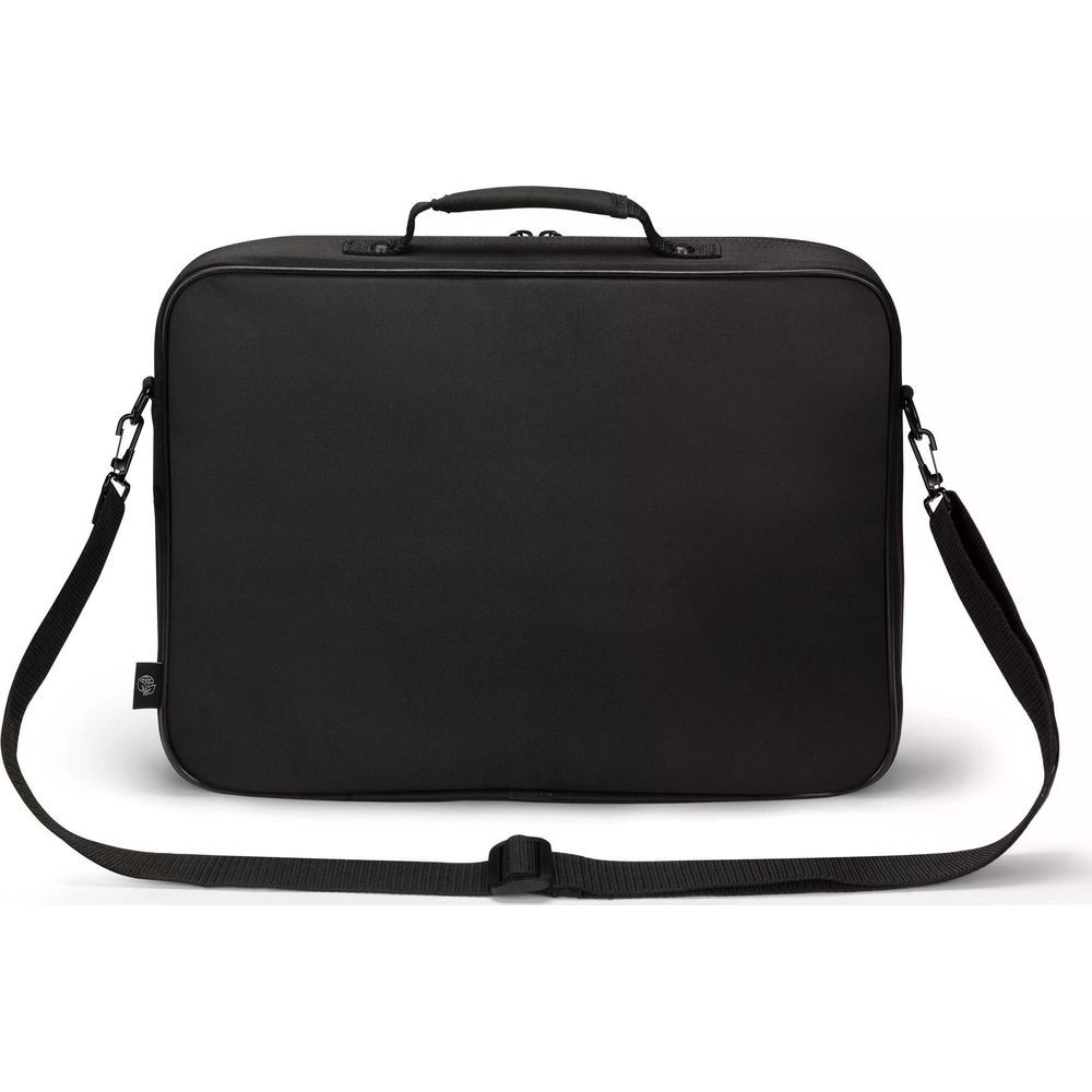 Una borsa nera per laptop con manico e tracolla.