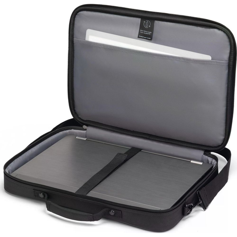 Borsa porta computer nera aperta con laptop e tablet in tasca.