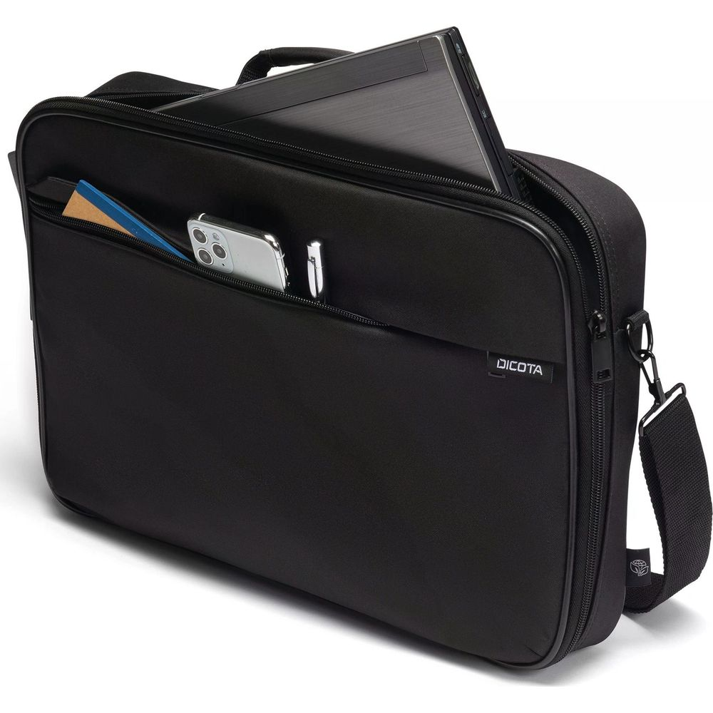 Borsa nera per laptop con laptop, telefono e penna nella tasca anteriore.
