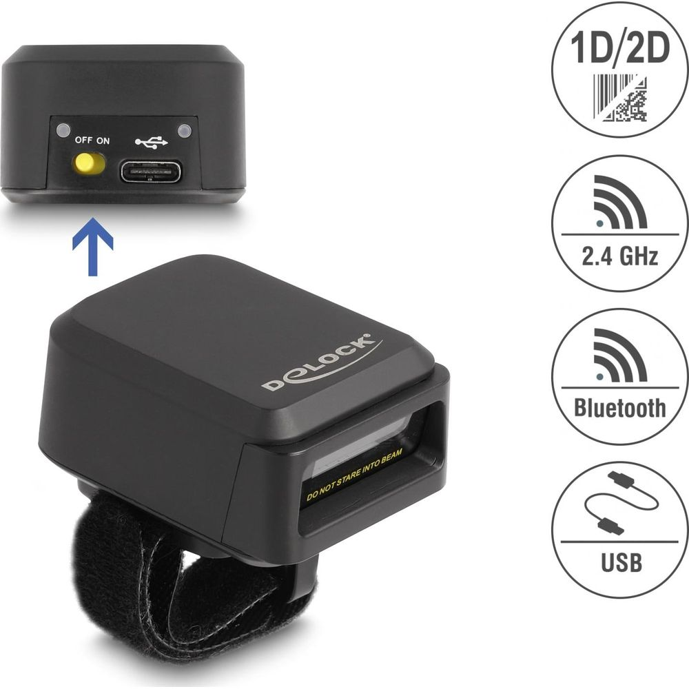 Uno scanner di codici a barre nero montato sul dito con icone 1D/2D, 2,4 GHz, Bluetooth e USB.