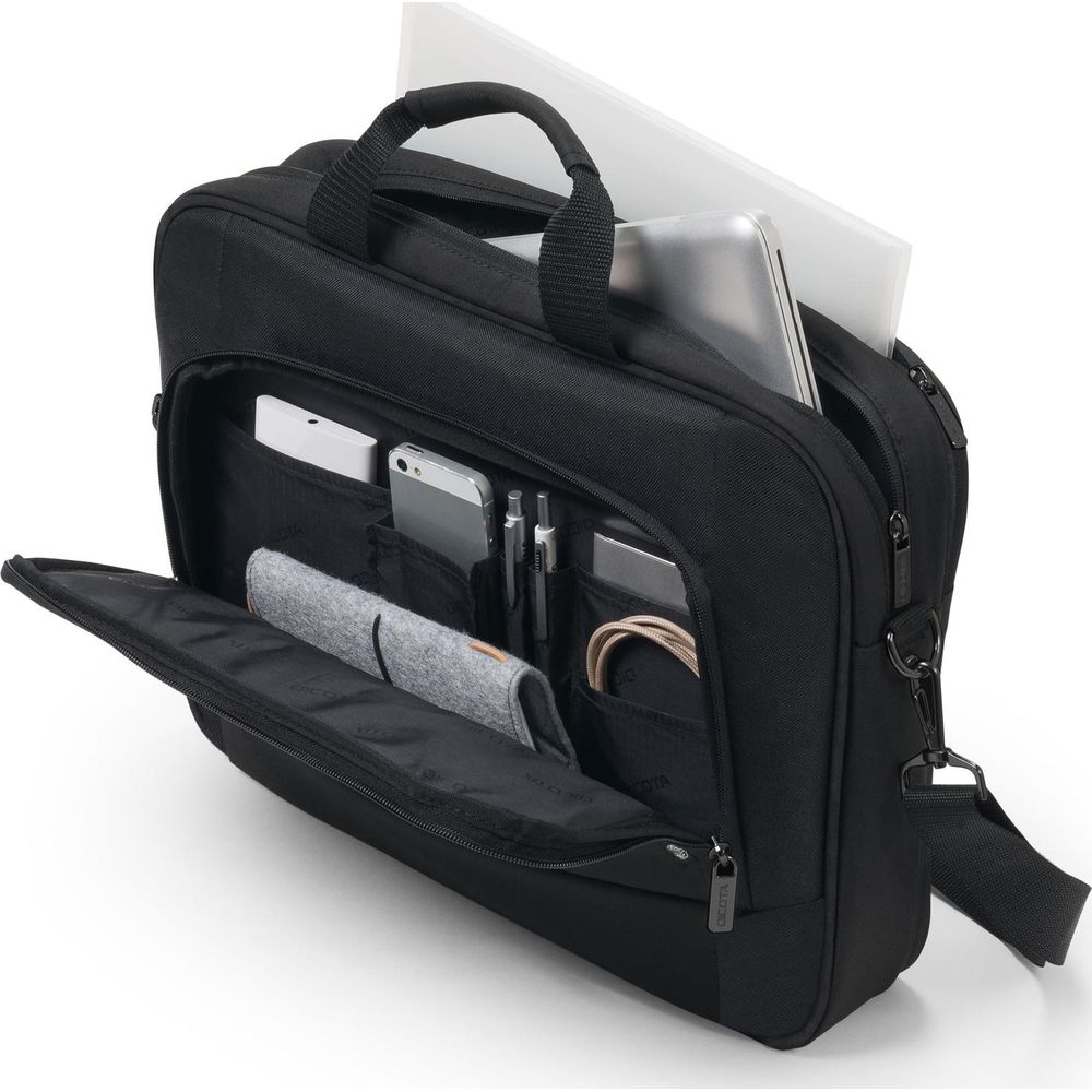 Borsa nera per laptop con tasca frontale aperta, che mostra contenuti organizzati come telefoni, penne e cavi.