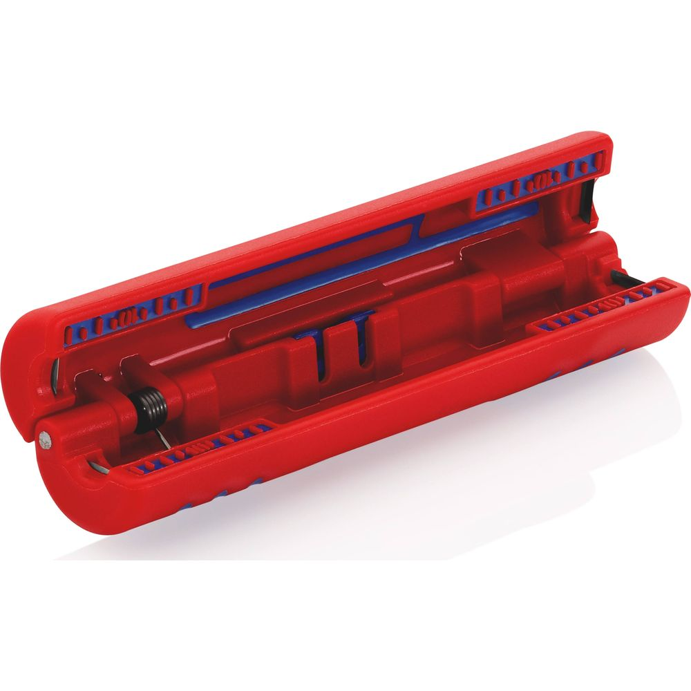 Un utensile rosso per spelafili con inserti blu, progettato per la precisione.