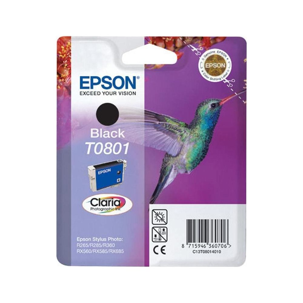 Cartouche d'encre noire Epson T0801 avec design colibri. Comprend marque CE et code-barres.