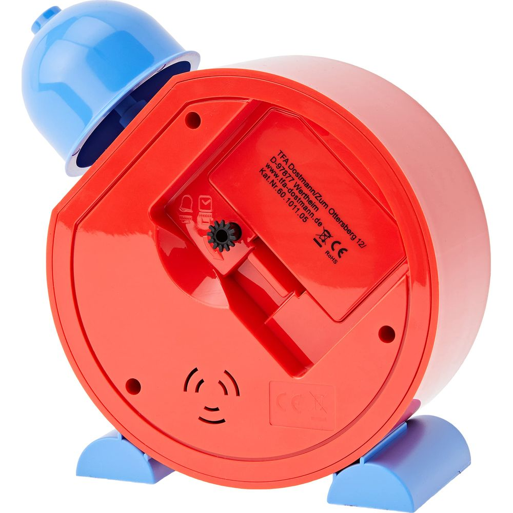 Rückseite eines roten Weckers mit blauer Glocke, Füßen und Details.