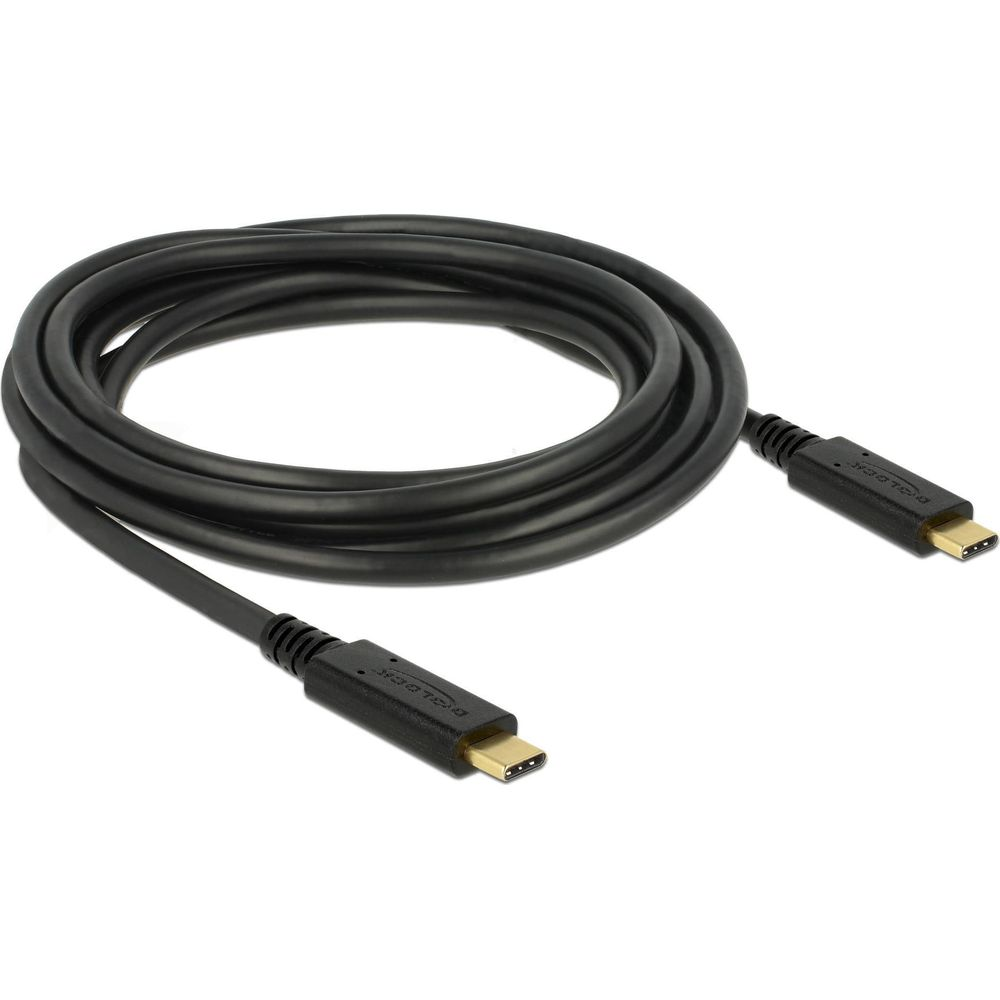 Câble USB-C noir avec connecteurs plaqués or sur fond blanc.