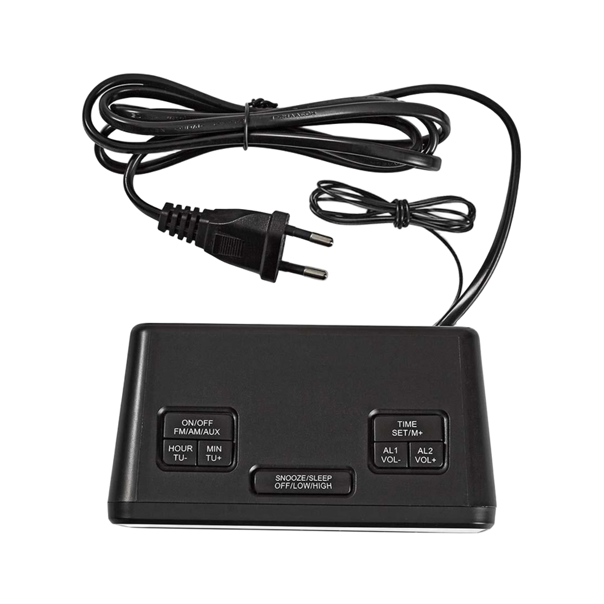 Schwarzer Digitalwecker mit Stromkabel und Stecker.