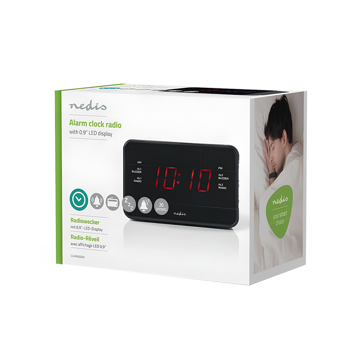 Ein schwarzer Radiowecker mit rotem 0,9-Zoll-LED-Display und Nedis-Logo.