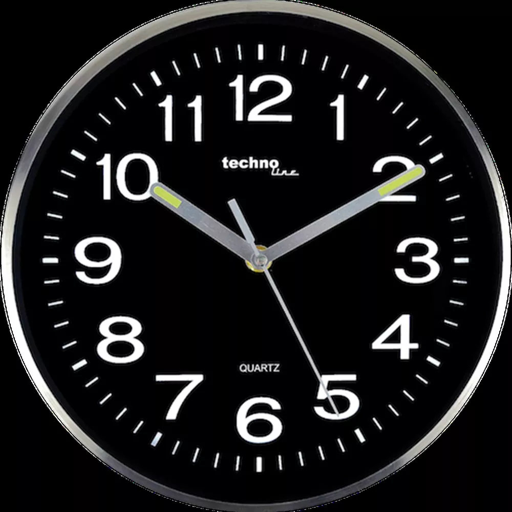 Orologio da parete nero con bordo argentato e numeri bianchi. Lancette indicano 9:50.