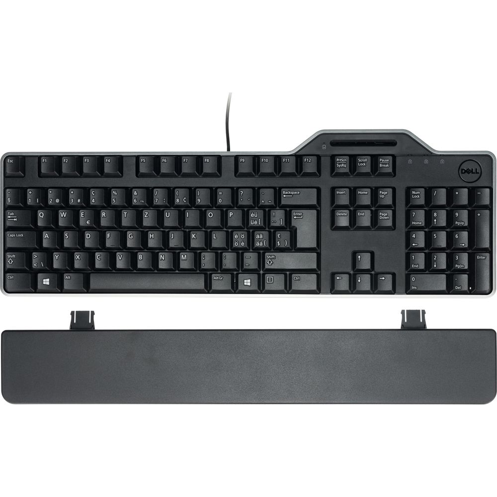 Eine schwarze Dell-Tastatur mit separater Handballenauflage.