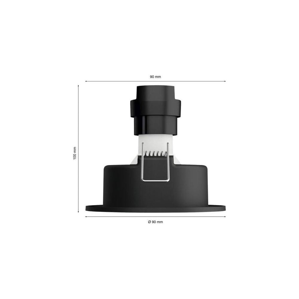 Foco empotrable negro con dimensiones de 90x100mm.