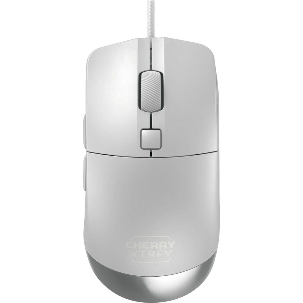 Eine weiße Computermaus mit silbernem Boden und einem Rad.