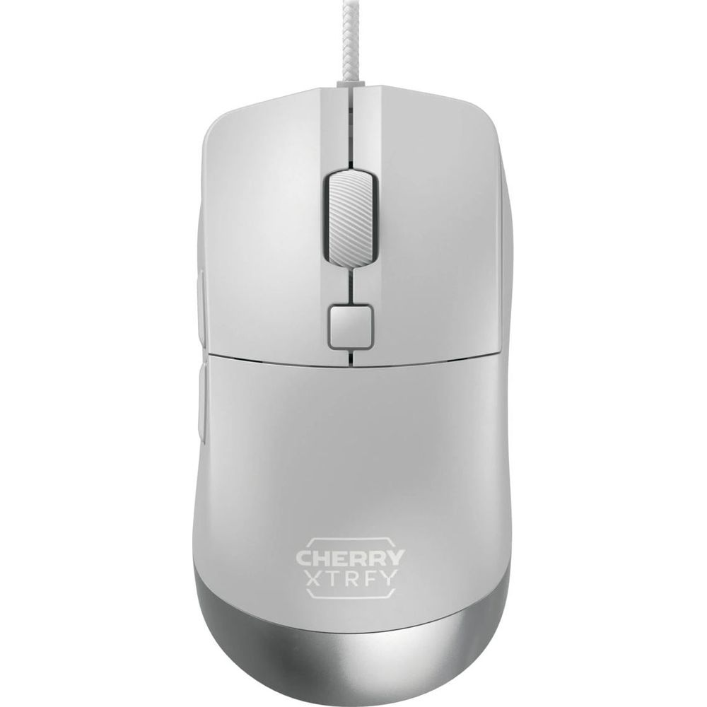 Weiße Computermaus mit silbernem Boden und weißem Kabel.