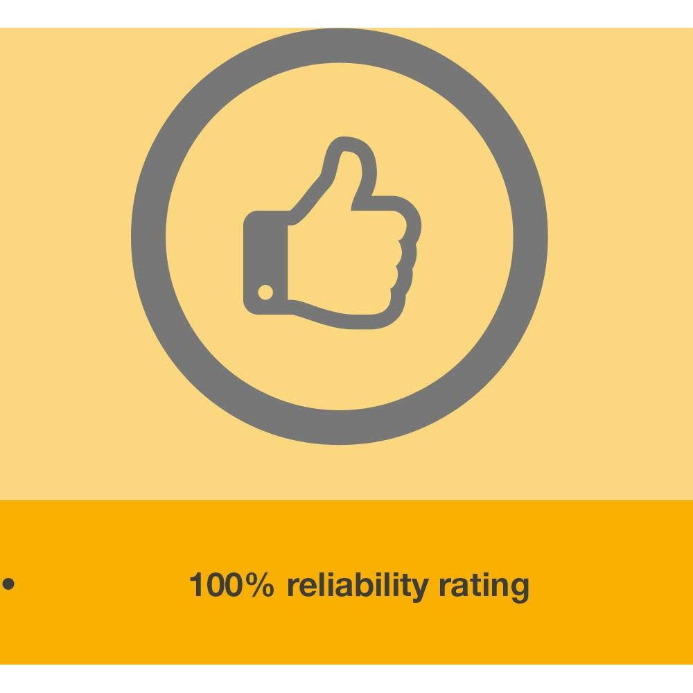 Szary kciuk w górę w okręgu na żółtym tle. Ocena niezawodności 100%.