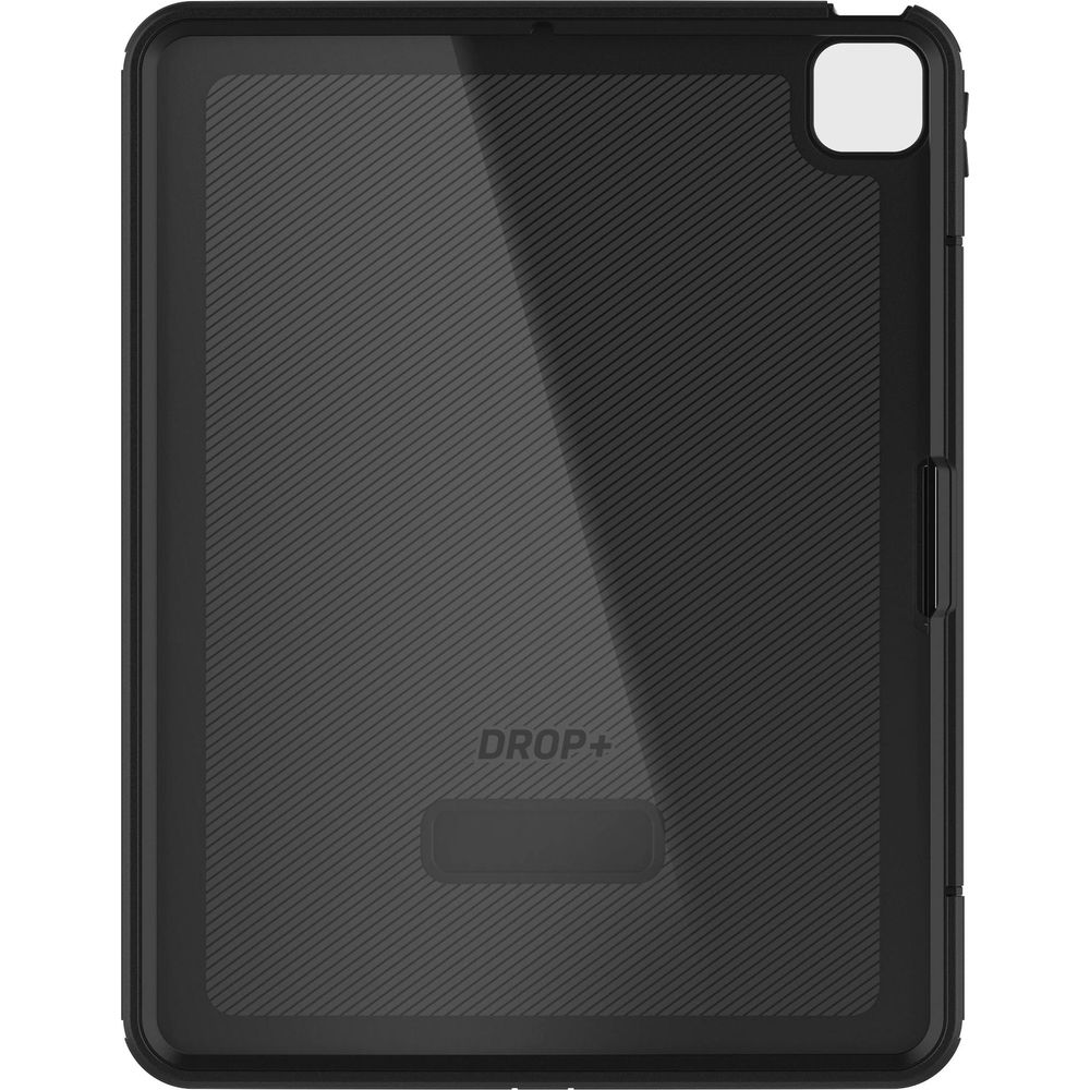 Schwarzes Tablet-Case mit gerillter Rückseite und einem weißen Kameraausschnitt.