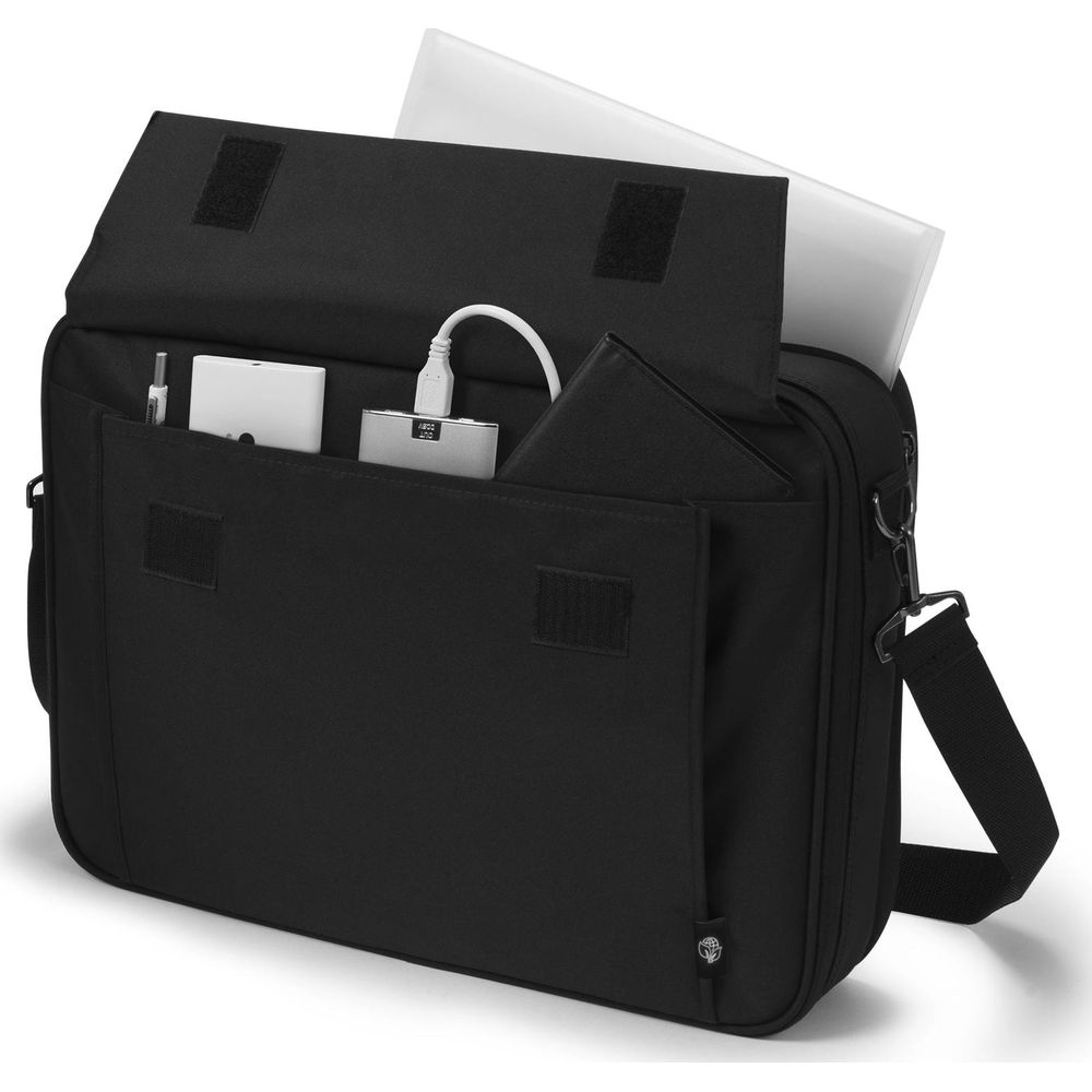 Borsa nera per laptop con power bank, blocco bianco e documenti.