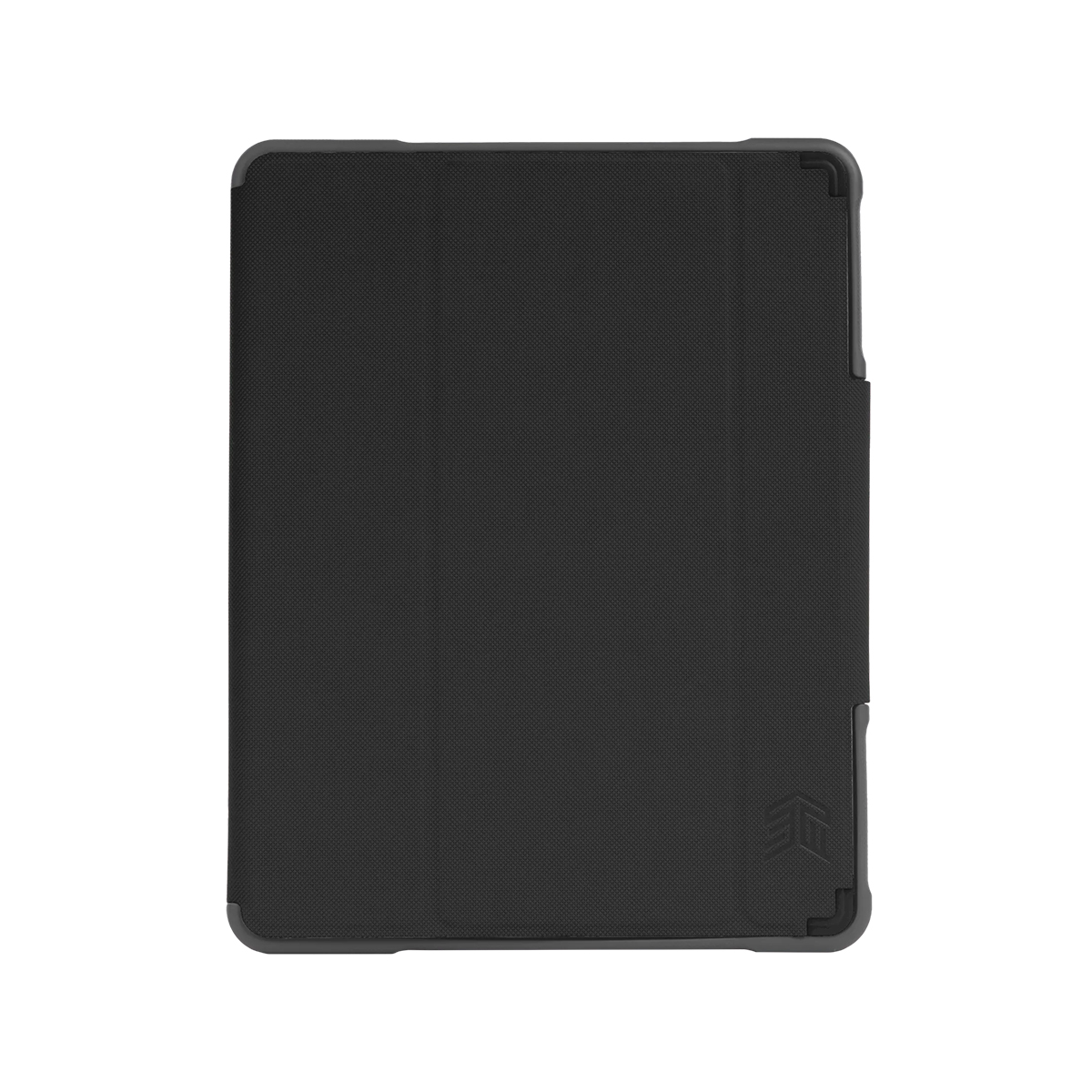Custodia nera per tablet con copertina piegata e logo in basso a destra.
