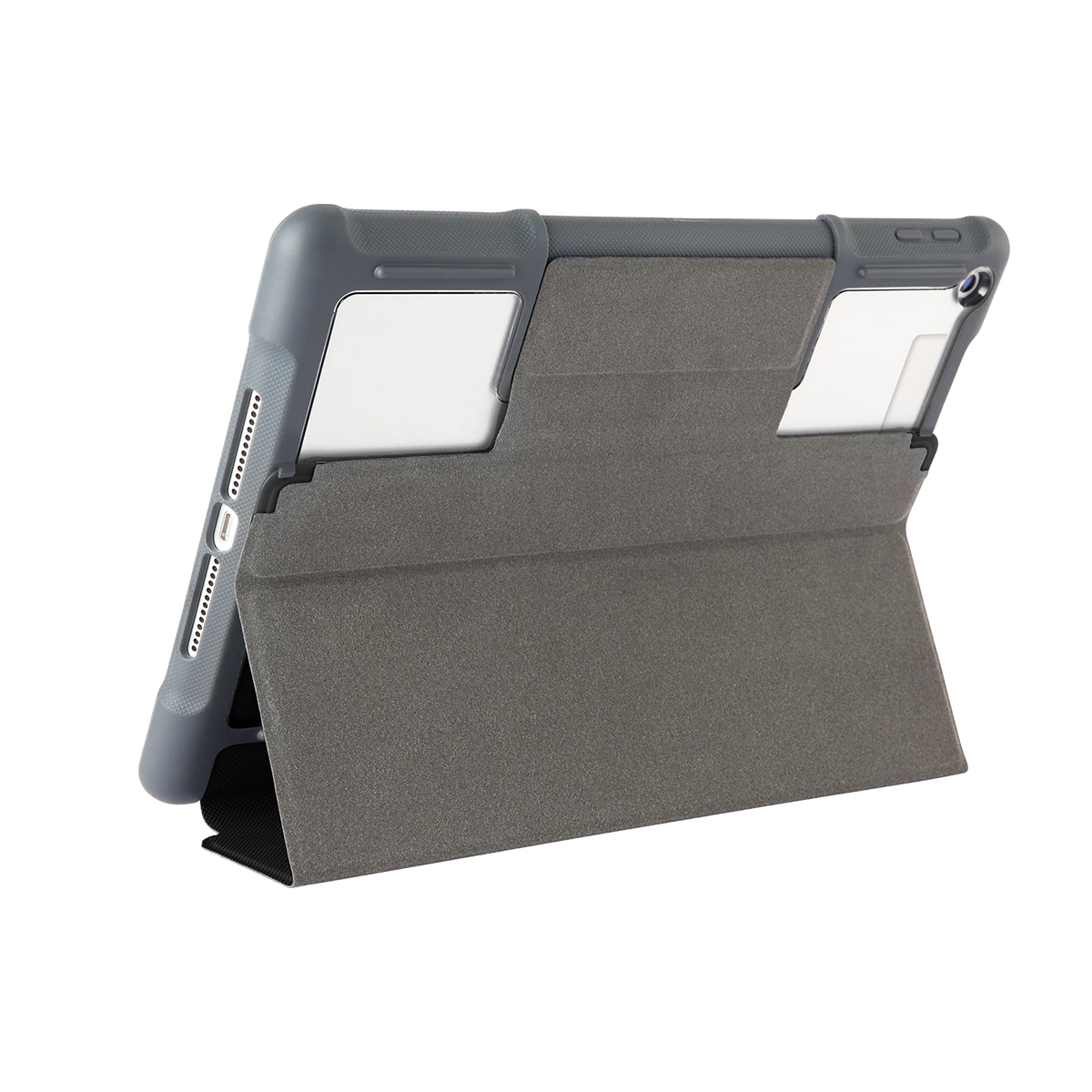 Tablet grigio con cover protettiva in piedi, visibili slot per schede bianche.