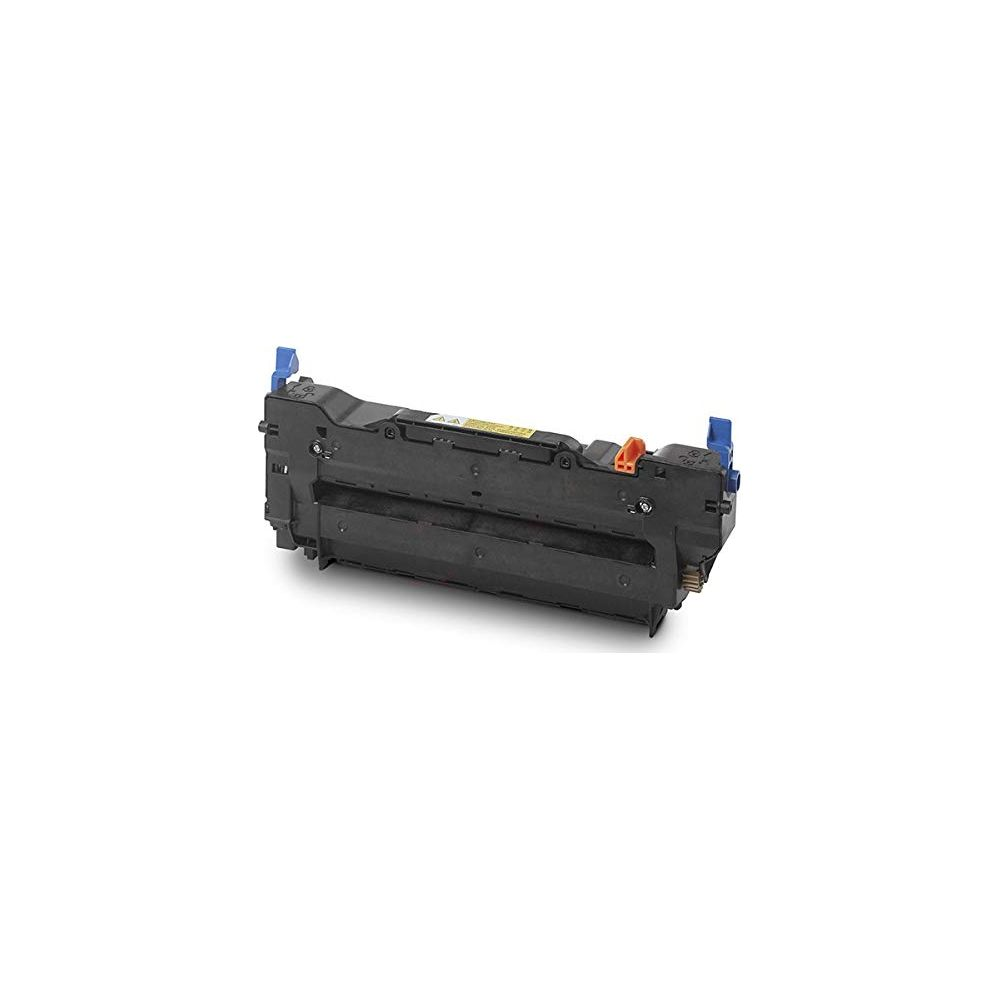 Cartuccia toner nera con leve blu e arancioni, isolata su sfondo bianco.