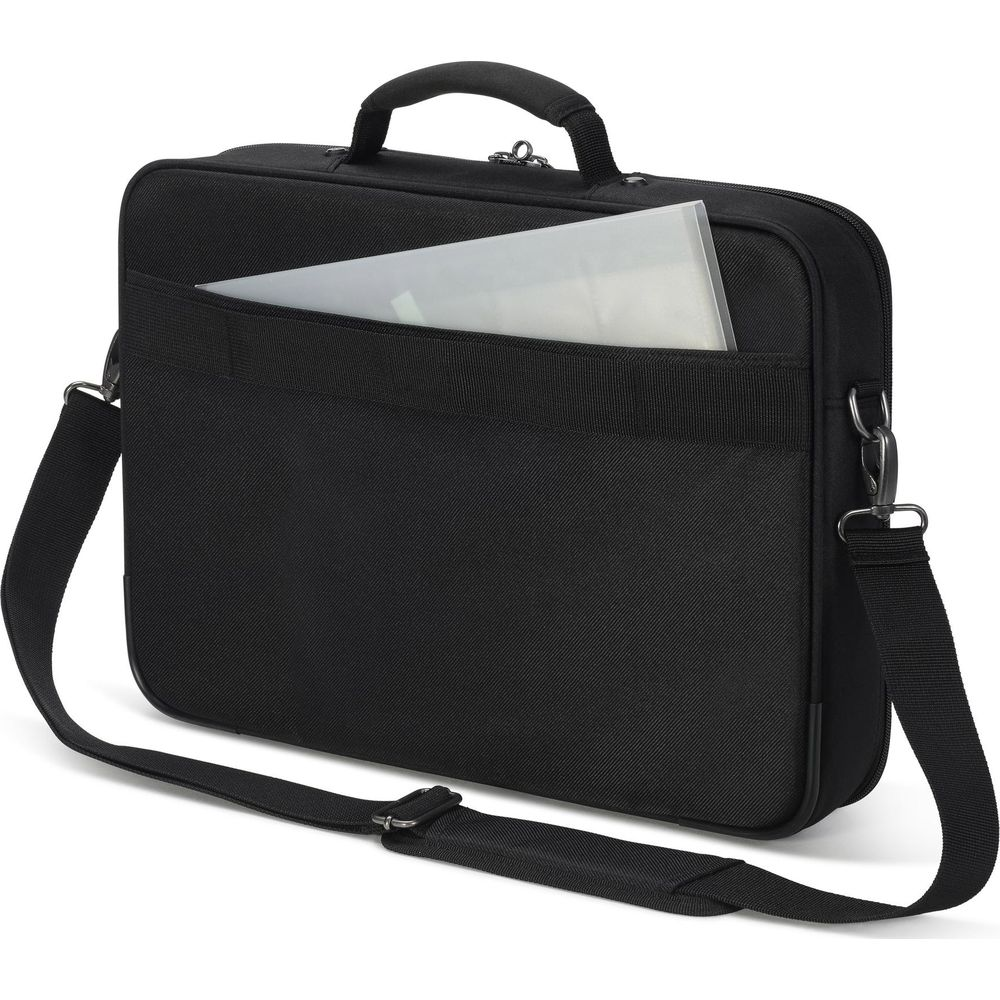 Sacoche noire pour ordinateur portable avec poignée et bandoulière.