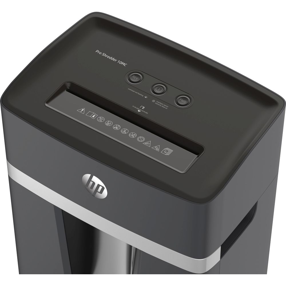 Czarna niszczarka HP z napisem "Pro Shredder 10MC" i przyciskami sterującymi.