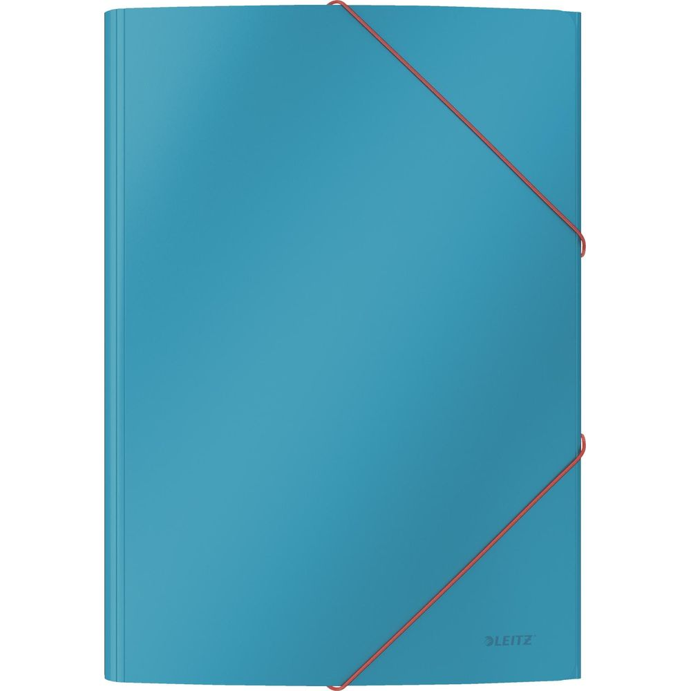 Turkusowy folder z czerwonymi gumkami, logo Leitz na dole po prawej.