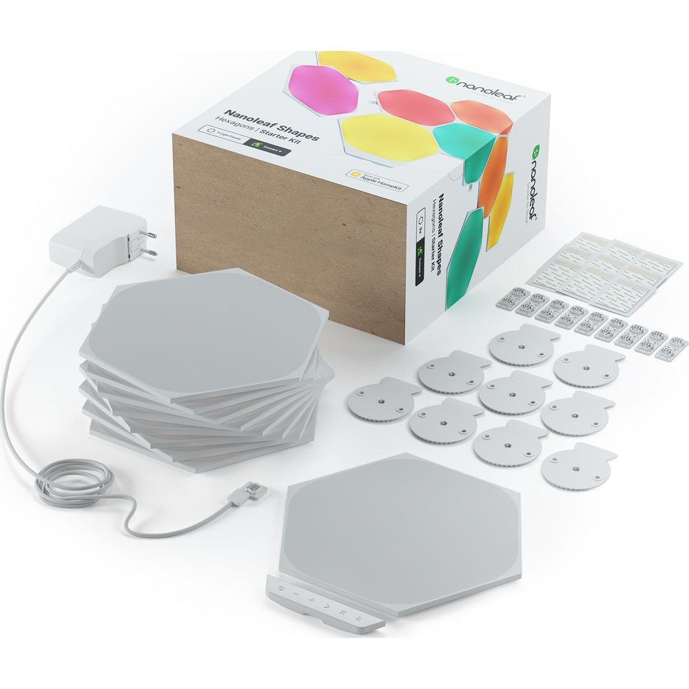 Nanoleaf Shapes Hexagons Starter Kit mit Teilen und Verpackung.