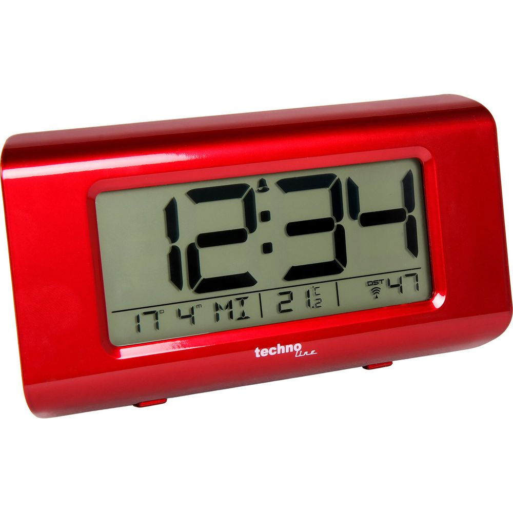 Roter Digitalwecker zeigt 12:34, 17°C, Datum und Weckzeit.