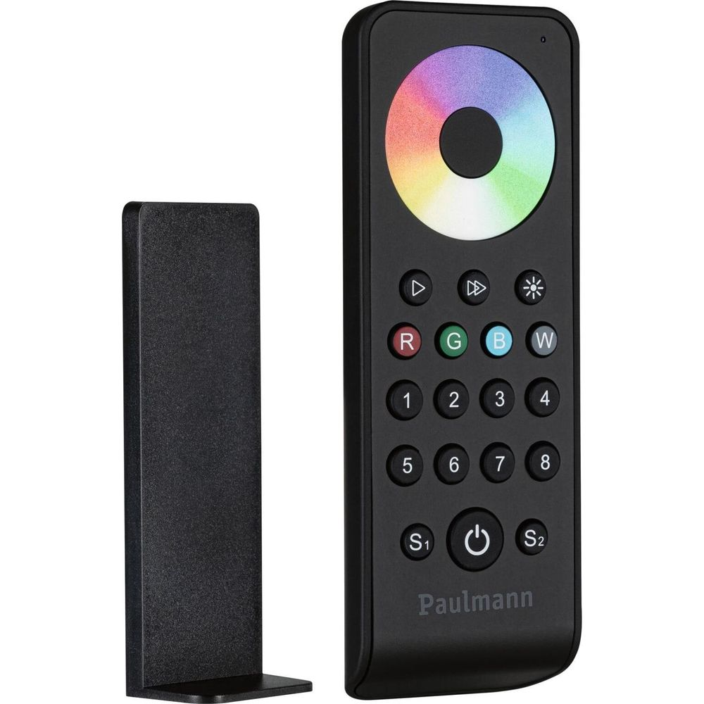 Czarny pilot z kołem kolorów i przyciskami obok czarnego uchwytu.