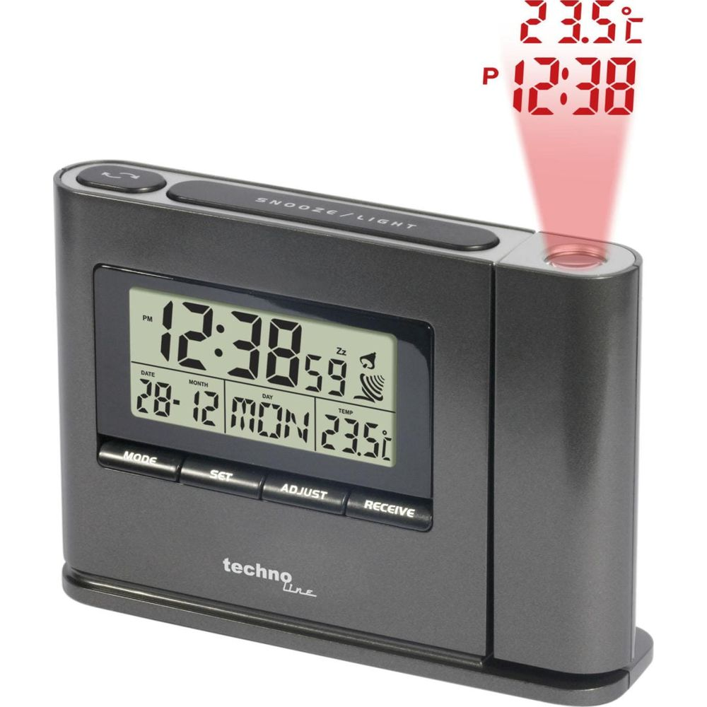 Graue Digitaluhr projiziert rote Zeit und Temperatur an die Wand.