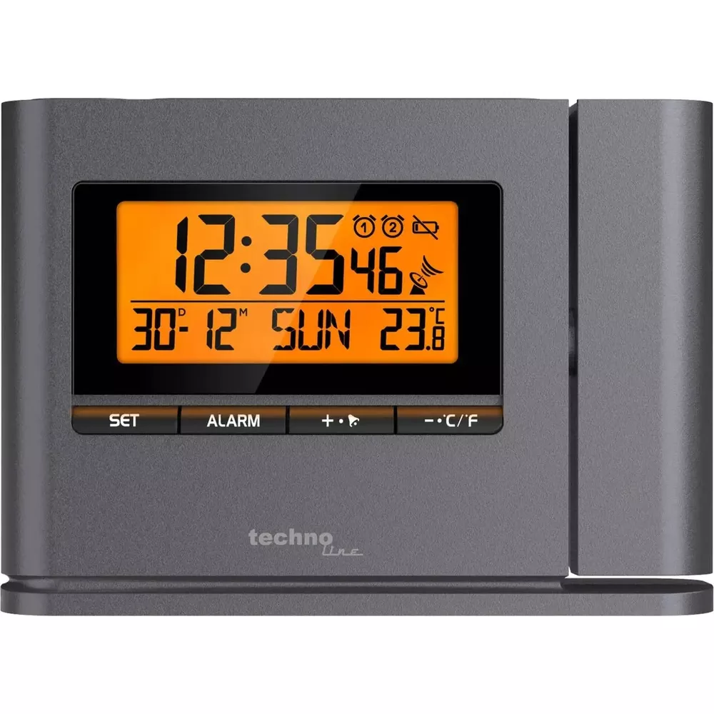 Graue Digitaluhr mit orangefarbenem Display zeigt Zeit, Datum, Temperatur.