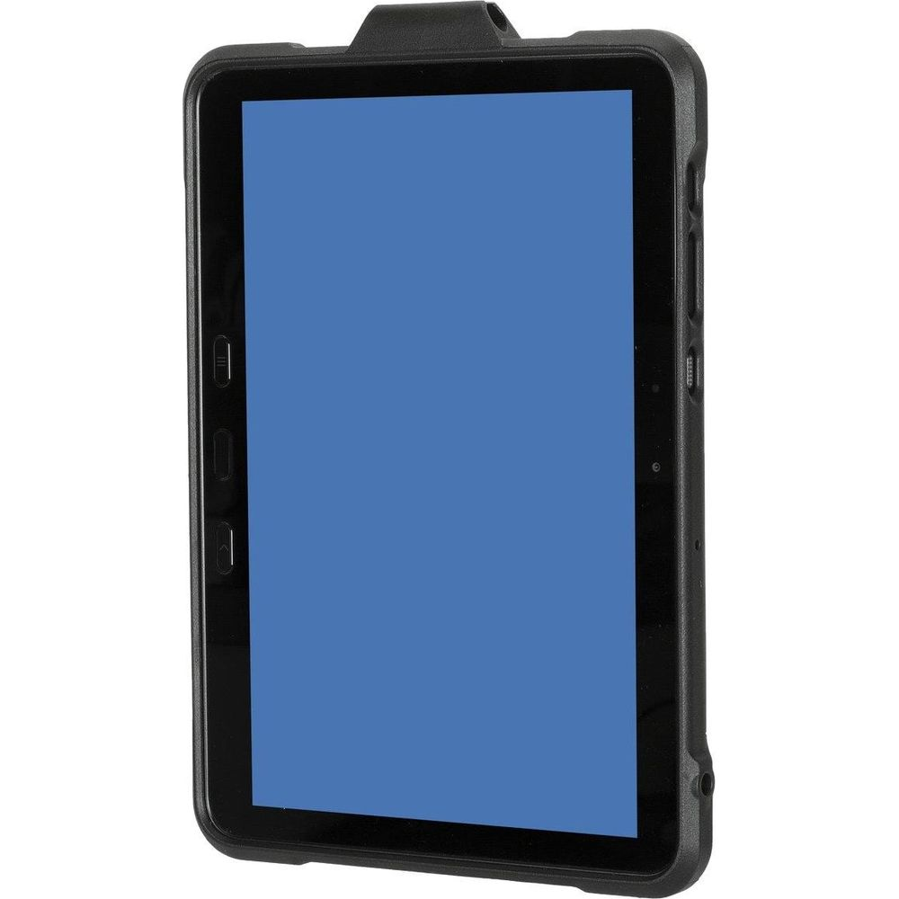 Un tablet nero con schermo blu, racchiuso in una cover robusta.