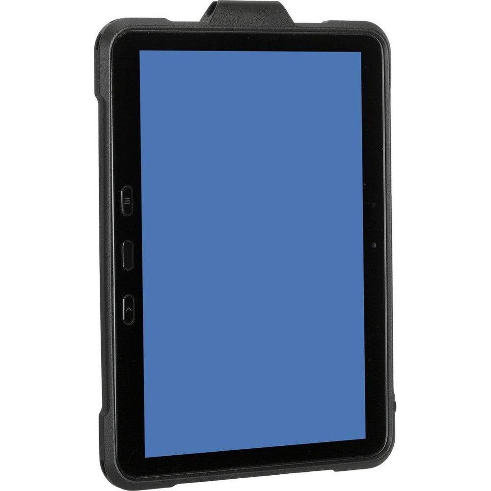 Tablet nero in custodia robusta con schermo blu.