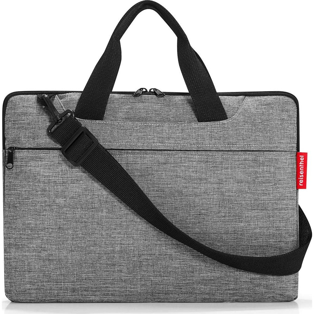 Borsa grigia per laptop con manici e tracolla neri.