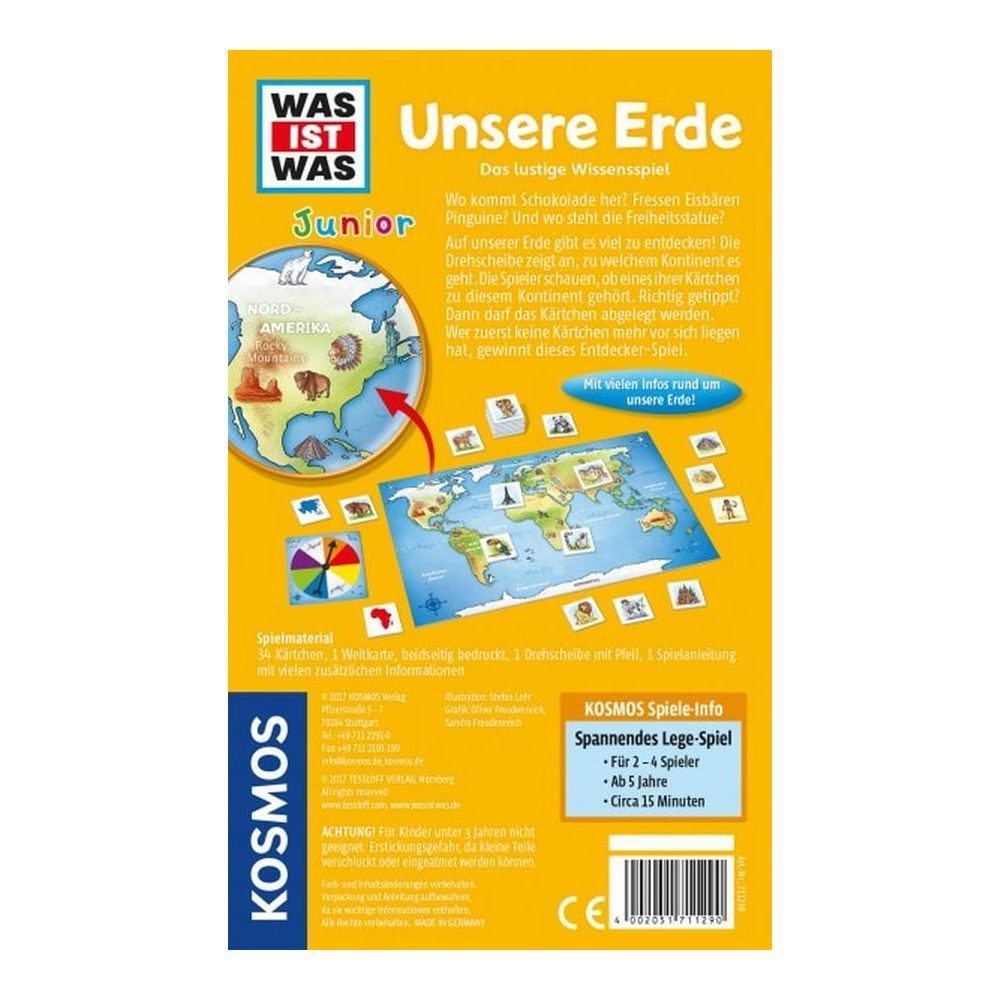 Il gioco WAS IST WAS Junior 'Unsere Erde' mostra una mappa del mondo, carte di gioco e istruzioni.