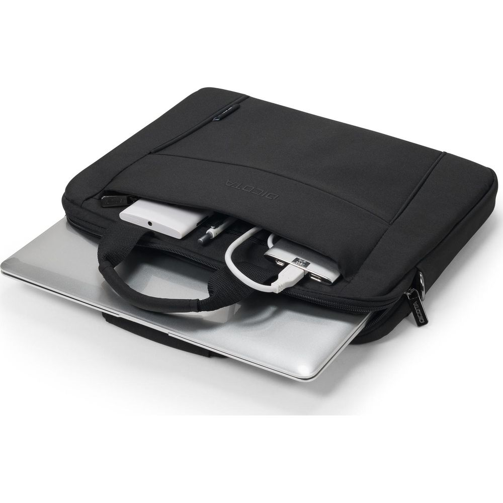Una borsa nera per laptop con laptop, tablet e cavi.