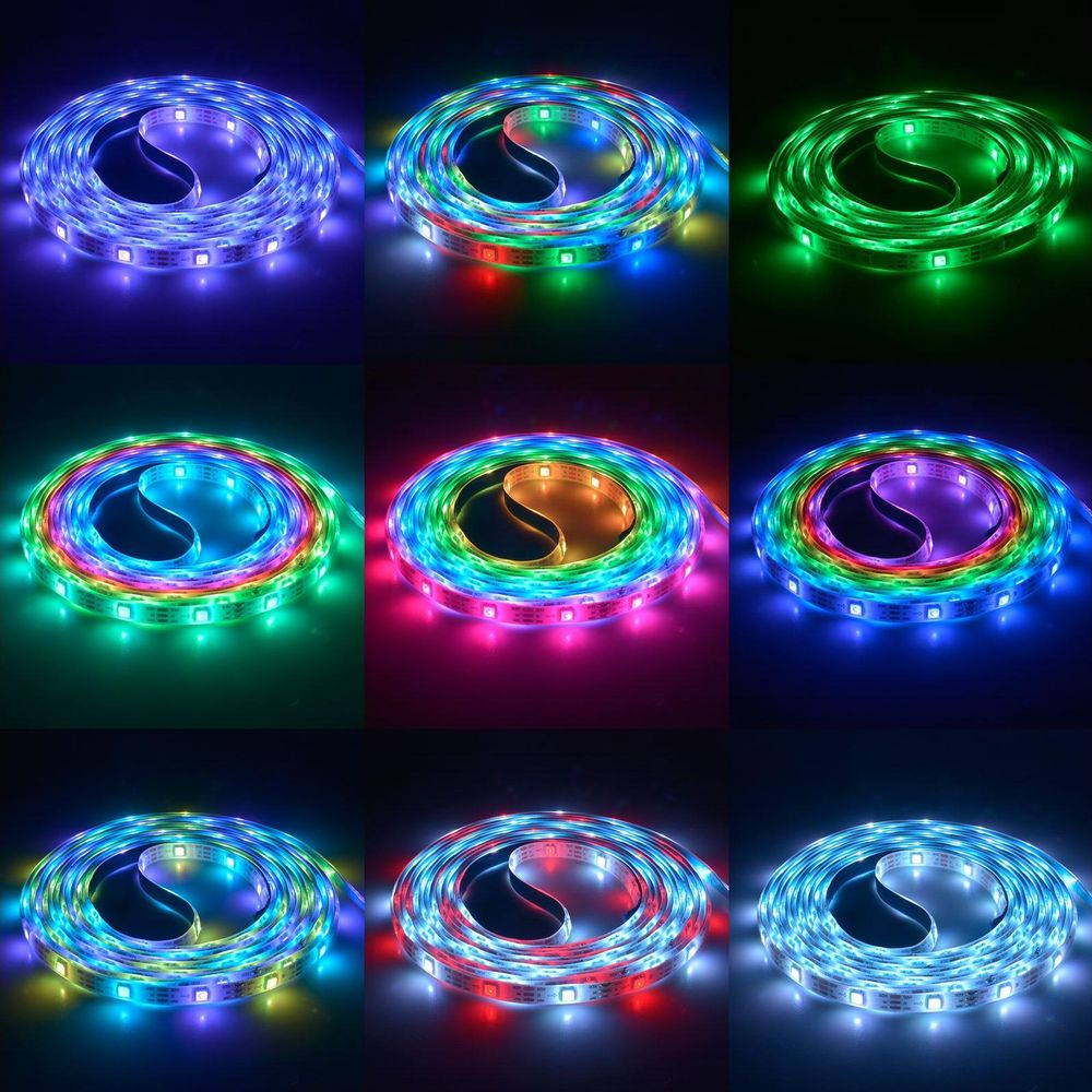 Nove strisce LED avvolte mostrano vari colori, tra cui blu, verde, rosso e motivi arcobaleno.