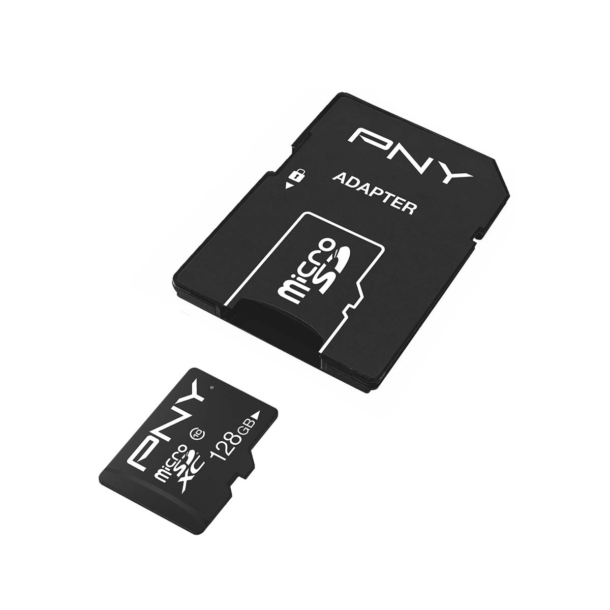 Adattatore PNY Micro SD nero e scheda da 128 GB su sfondo bianco.