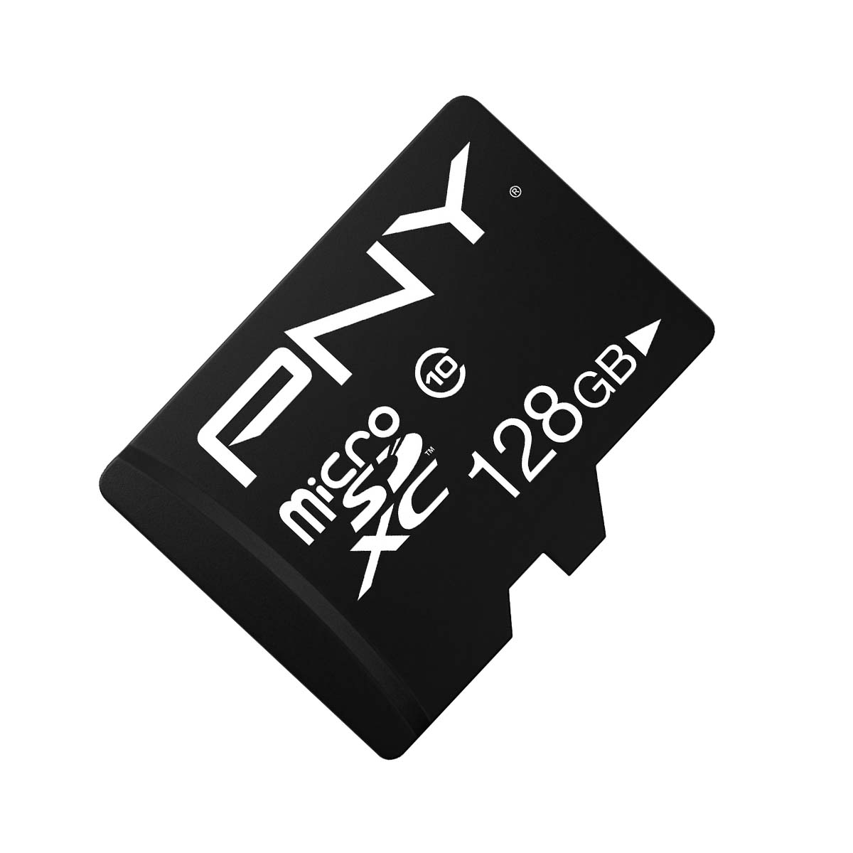 Scheda micro SD nera da 128GB con logo PNY e simbolo Micro XC.