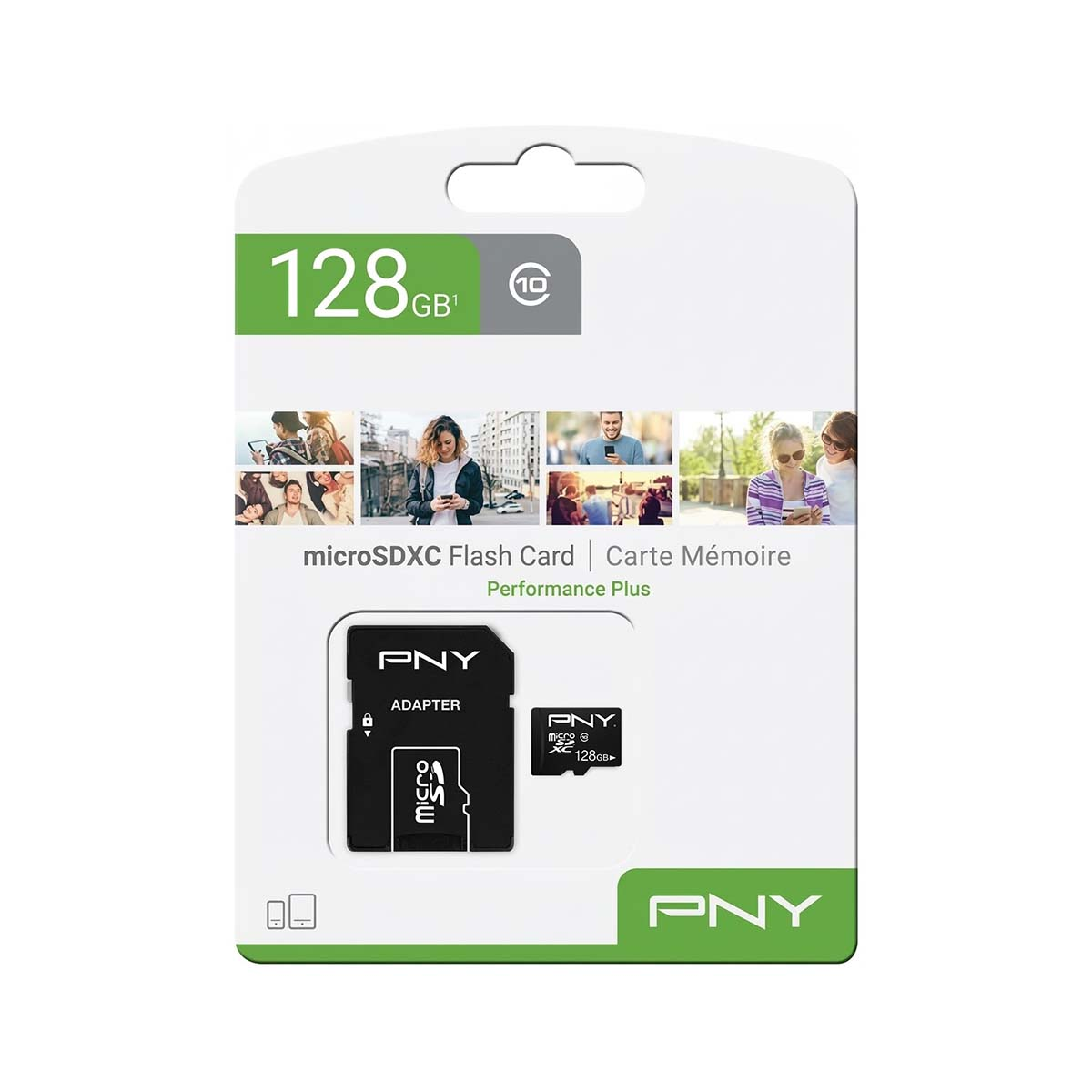 Scheda PNY microSDXC da 128GB con adattatore e etichetta Performance Plus.