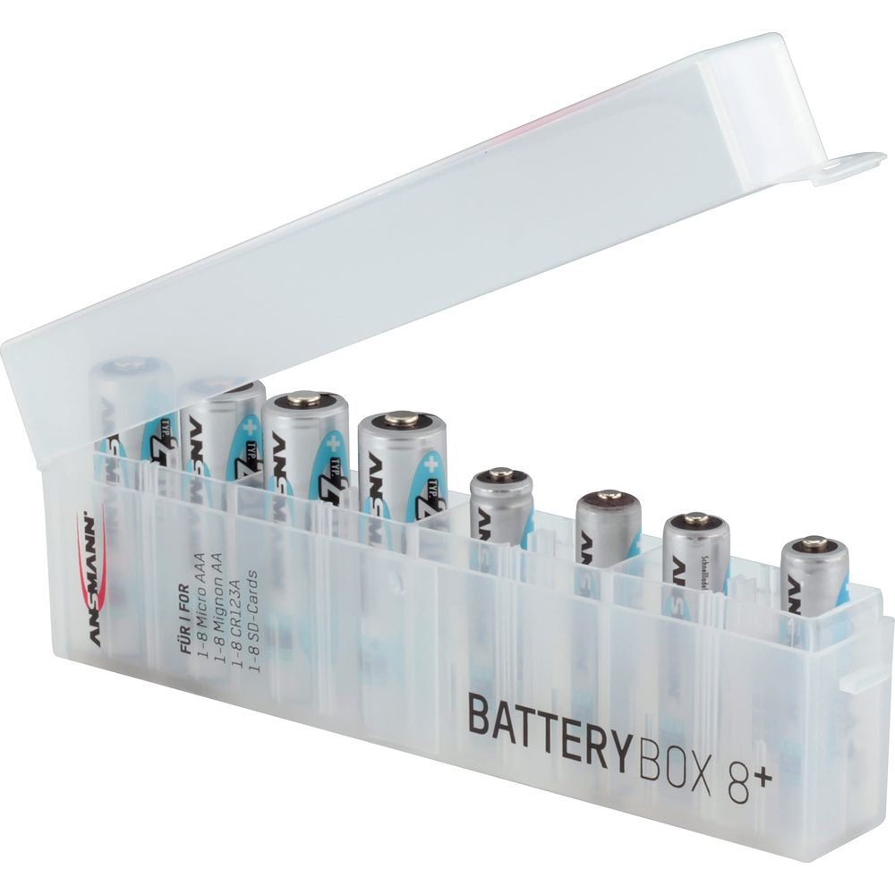 Transparenter Batteriehalter mit verschiedenen Batterien, Deckel geöffnet.