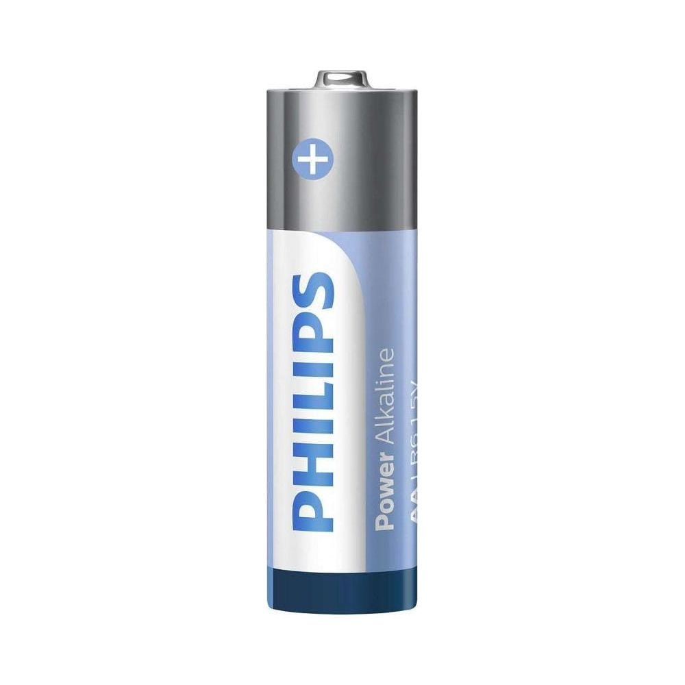 Eine Philips AA Alkaline Batterie mit Plus-Symbol auf weißem Hintergrund.