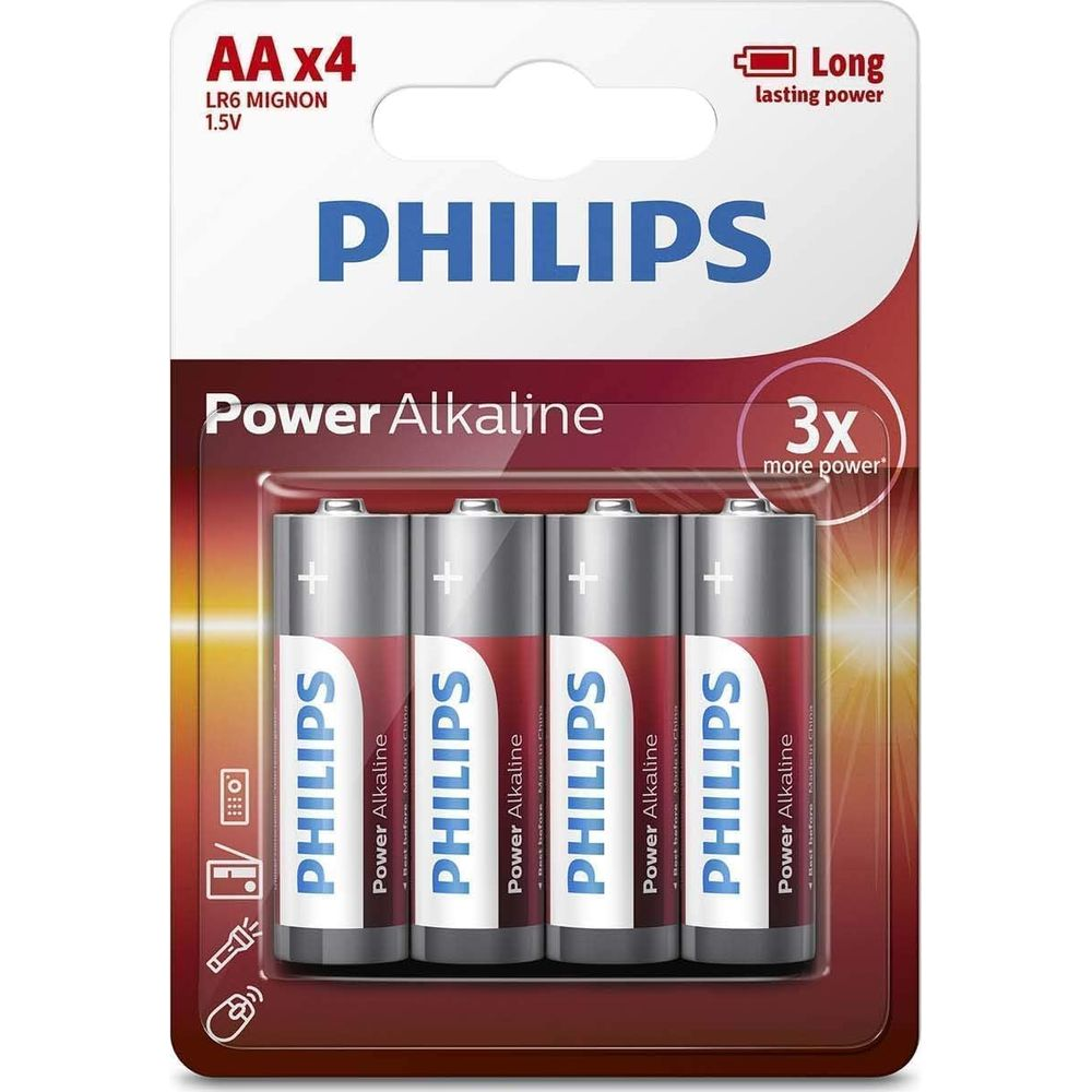 Packung mit vier AA-Alkaline-Batterien von Philips mit "Long lasting power"-Logo.