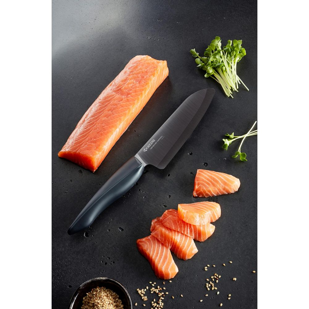 Un couteau en céramique noire repose à côté d'un filet de saumon et de portions.
