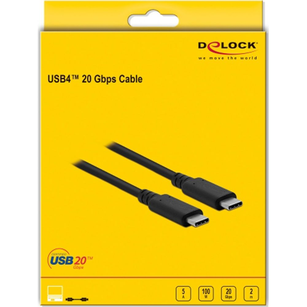 Verpackung für ein schwarzes USB4 20 Gbps Kabel mit zwei USB-C-Anschlüssen.