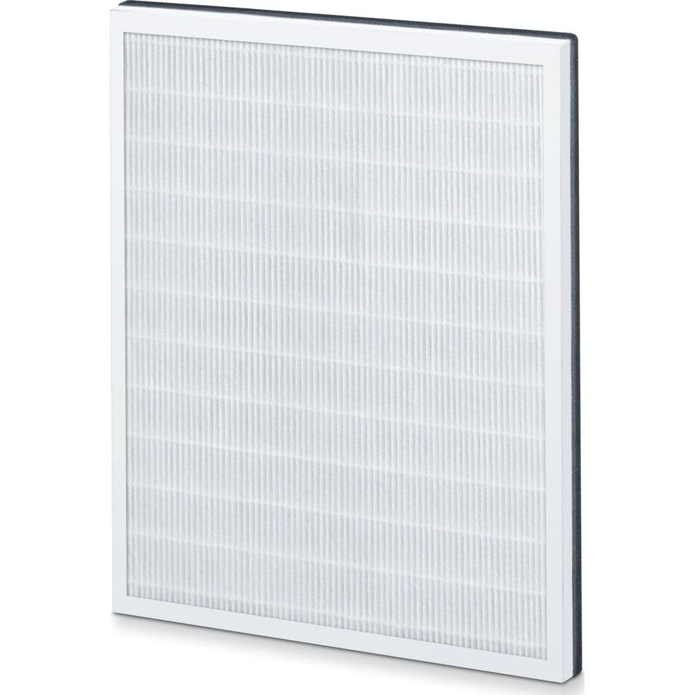 Un filtro dell'aria bianco con materiale fine e pieghettato in una cornice bianca.