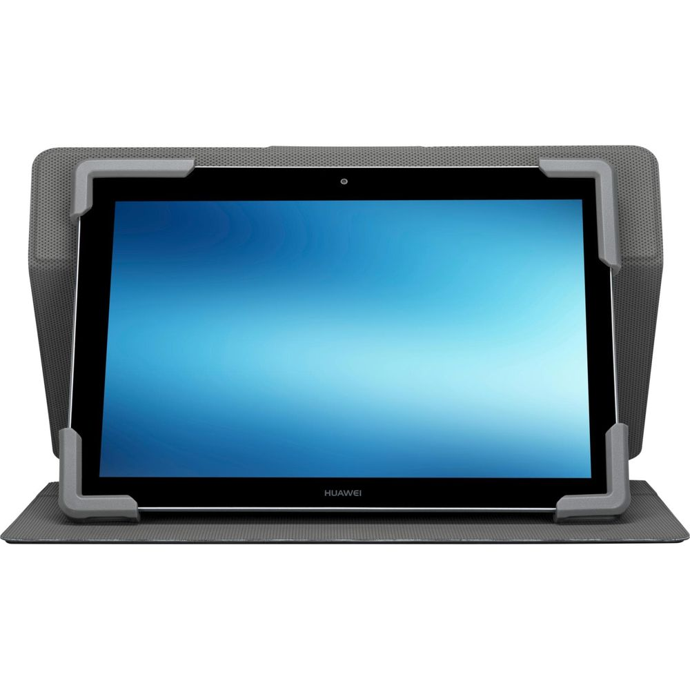 Ein graues Tablet in einer Hülle mit blauem Bildschirm.