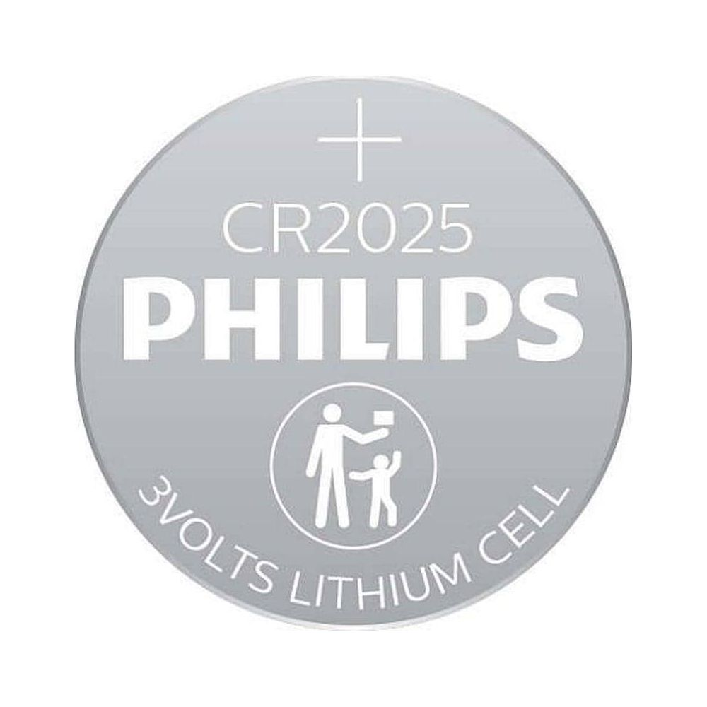 Pila a bottone Philips CR2025, batteria al litio da 3 volt con simbolo bambino.